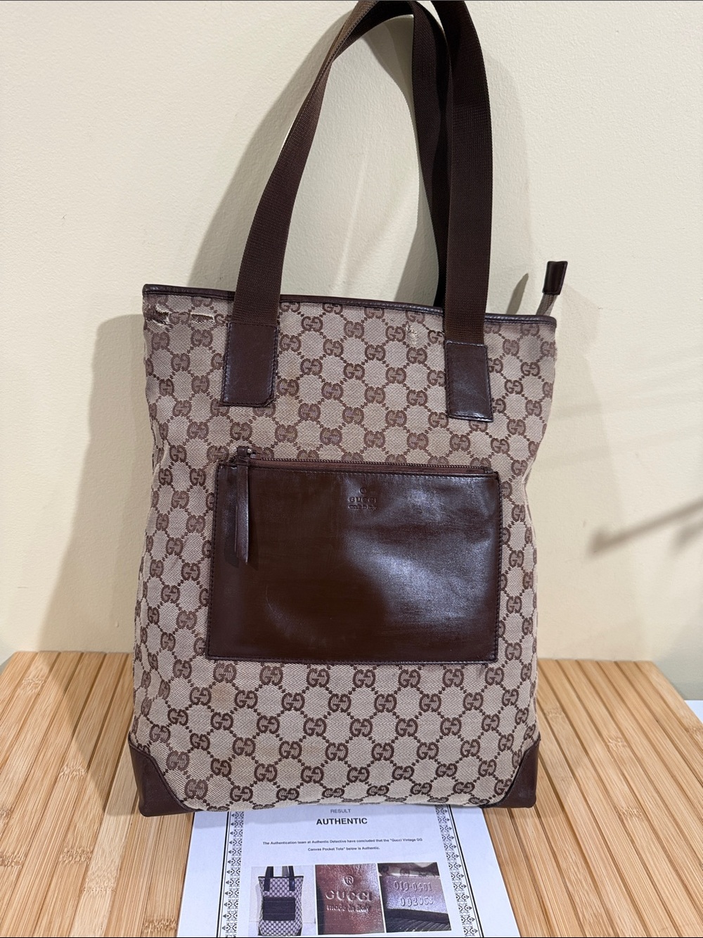 Authentic with COA Gucci Brown and Beige GG Canvas Tote with Leather Pocket